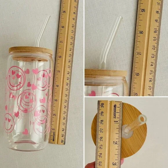 Pink Smiley Face Glass Tumbler 16 oz with Hearts Bamboo Lid and Glass Straw - Picture 5 of 10